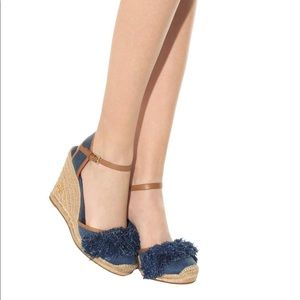 Tory Burch Denim Shaw Fringe Espadrille Wedges